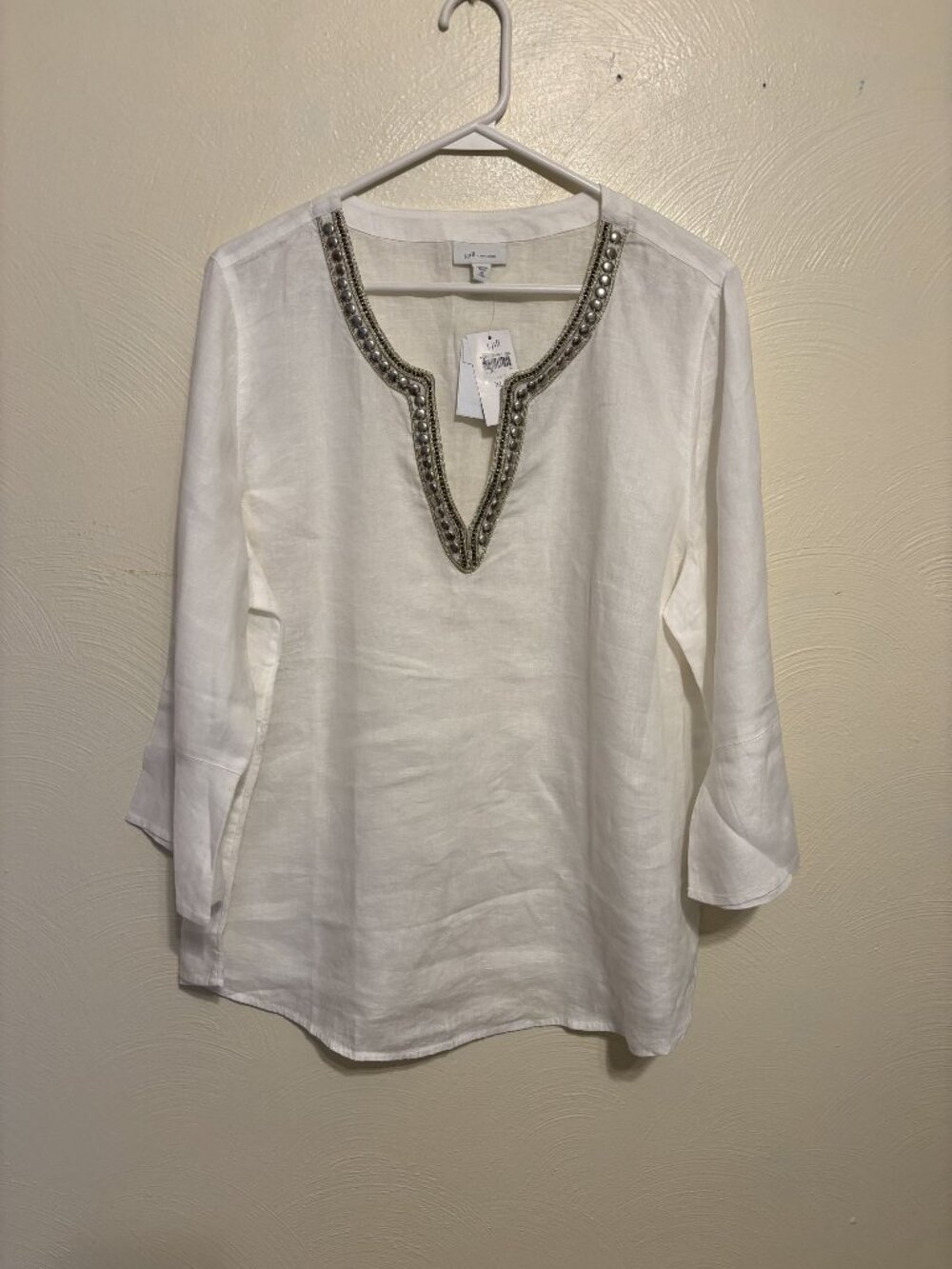 J.Jill Love Linen White XLP Petite Beaded V-Neck Tunic Top 100% Linen